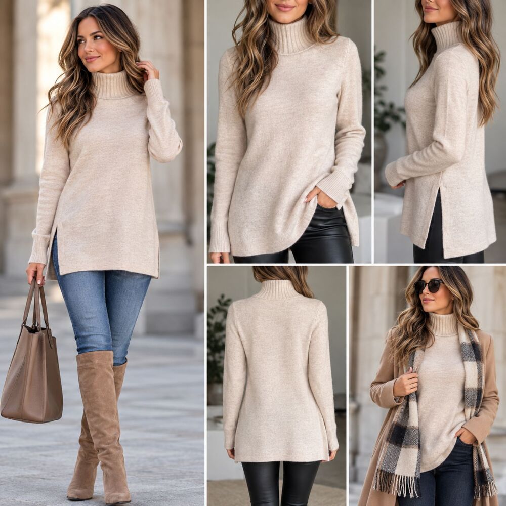 Vince 100% Cashmere Turtleneck Sweater XXS Oatmeal Beige Tunic lux